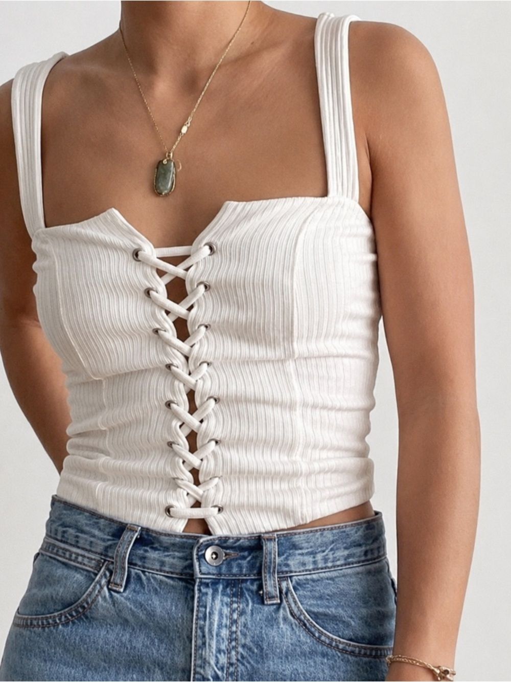 Reformation White Ribbed Lace-Up Crop Tank - Size Small